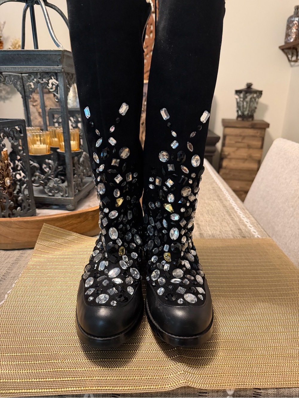 Betsey Johnson Black Knee-High Boots with Crystal Embellishments